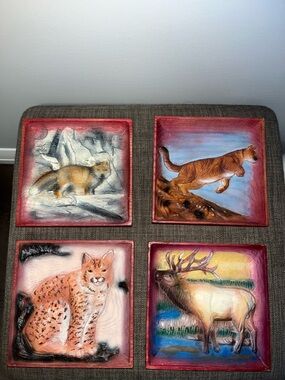 Set of Four Wildlife Art Wooden Tiles - Red Trim